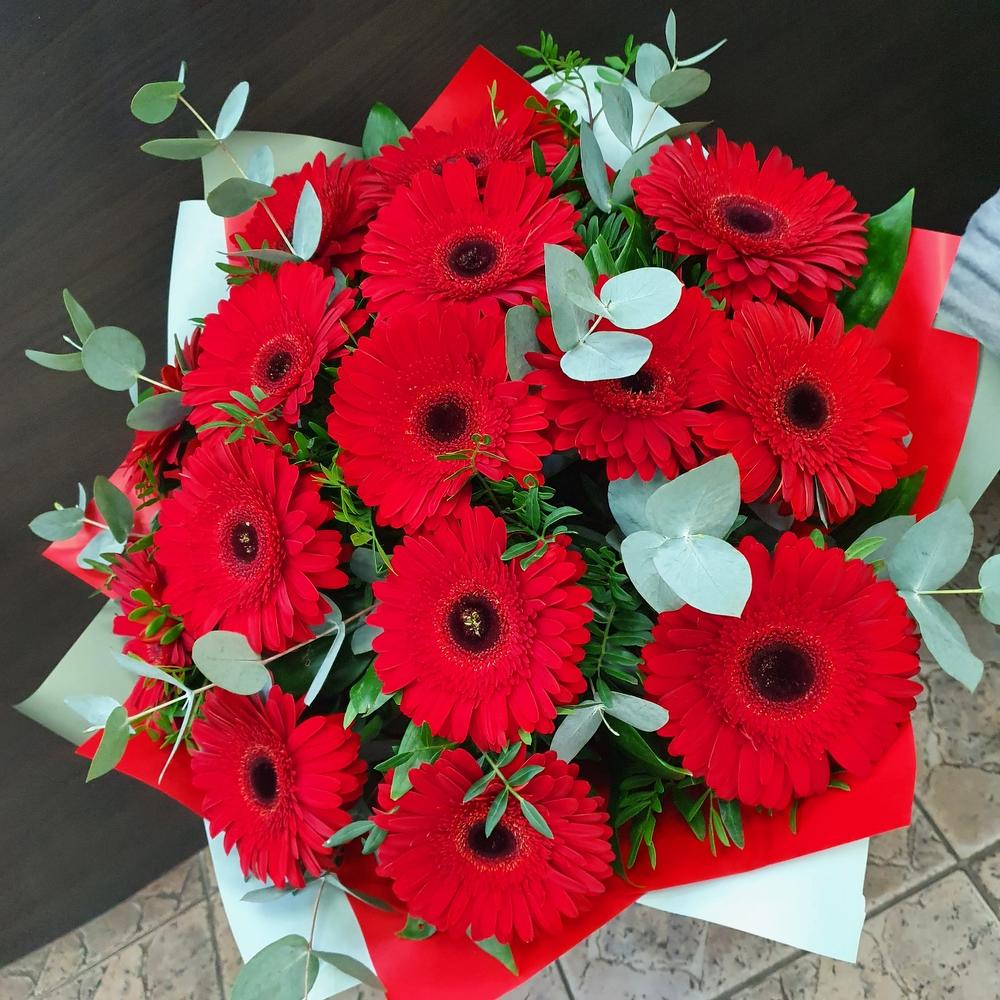 Шикарный букет с красной герберой и эвкалиптом Шикарный букет с красной герберой и эвкалиптом